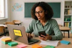 Professor criando flashcards digitais no Quizlet para revisão ativa e estudo guiado em sala de aula