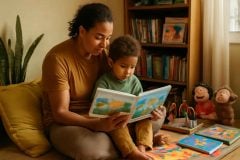 Responsável lendo uma história bilíngue para uma criança em um cantinho de leitura em casa