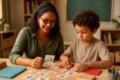 Psicopedagoga realizando atividades de consciência fonológica com uma criança em contexto de alfabetização inclusiva