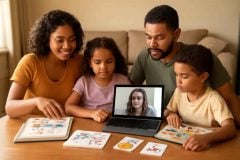 Família comparando curso de fonética, professora particular e rotina guiada para melhorar a pronúncia em inglês das crianças