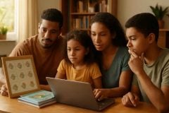Família comparando curso de inglês online, livros bilíngues e rotina guiada em casa para criança pequena