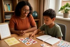 Psicopedagoga realizando intervenção em disortografia com criança em fase de alfabetização usando letras móveis e atividades de consciência fonológica.