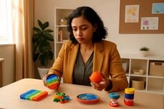 Psicopedagoga comparando fidget toys, materiais sensoriais e jogos de autorregulação para alunos com TDAH e TEA