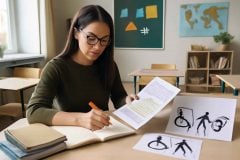 Professora estudando a Lei 13.146 com materiais de legislação educacional e símbolos de educação inclusiva