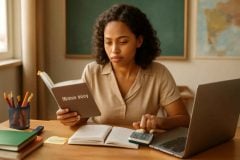 Professor comparando livro de finanças, planner financeiro e calculadora para organizar a vida financeira