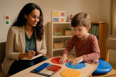 Psicopedagoga observando atividade de regulação sensorial com criança em ambiente inclusivo de aprendizagem