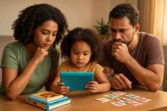 Família comparando tablet infantil, livros bilíngues e jogos em inglês para escolher o melhor recurso para desenvolver inglês em casa