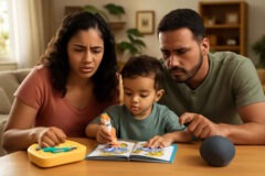 Pais comparando brinquedo com áudio em inglês, caneta de leitura e assistente por voz infantil para decidir o melhor recurso para o inglês em casa
