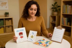 Psicopedagoga comparando caderno multissensorial, fichas plastificadas e jogo de mesa para trabalhar consciência fonológica