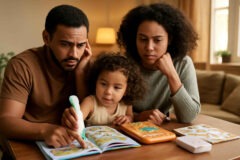 Família comparando caneta de leitura, livro com áudio e flashcards sonoros para estimular o inglês em casa