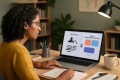 Professora comparando Canva com IA e ChatGPT para planejar aulas em um ambiente de trabalho organizado