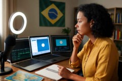 Professor comparando CapCut, Canva e OBS Studio para gravar aulas com microfone e materiais de ensino