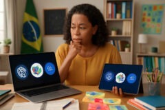 Professora comparando ChatGPT, Gemini e NotebookLM para adaptar atividades com planejamento pedagógico