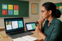 Professora comparando Google Classroom, Padlet e H5P para escolher ferramentas de atividades interativas