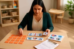 Psicopedagoga comparando jogo da memória, sequências visuais e atividades de pareamento para decidir a melhor intervenção