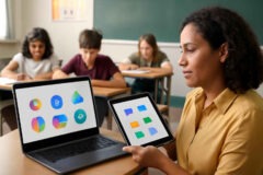 Professora comparando ferramentas de quiz digital para revisar conteúdos com a turma em sala de aula
