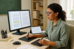 Professora comparando mouse sem fio, mesa digitalizadora e tablet com caneta para corrigir atividades digitais