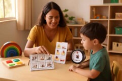 Educadora comparando prancha de rotina visual, timer visual e checklist ilustrado para apoiar alunos com TEA e TDAH.