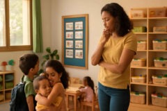 Professora da Educação Infantil avaliando acolhimento, rotina visual e cantinhos de autonomia em sala de aula