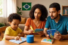 Pais comparando Alexa Kids, caneta de leitura e livros com áudio para escolher o melhor recurso de inglês em casa para uma criança.