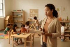 Professora da Educação Infantil comparando brincadeira livre, proposta dirigida e circuito de experiências em sala de aula