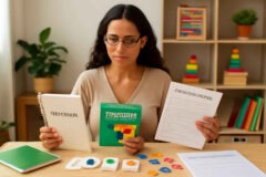 Psicopedagoga comparando caderno de reforço, jogos de consciência fonológica e protocolo de intervenção para criança com risco de dislexia.