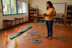 Professora da Educação Infantil comparando circuito motor, estações de movimento e brincadeiras no chão na sala de aula