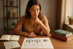 Professora avaliando opções de formação em alfabetização, consciência fonológica e psicopedagogia para crescer na carreira