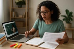 Professora comparando curso de legislação educacional, mentoria e plano de estudo para concurso de pedagogia