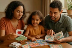Pais comparando flashcards, livros bilíngues e jogo da memória em inglês para criança pequena em casa