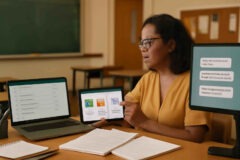 Professora comparando Google Classroom, Canva e ChatGPT para dar feedback pedagógico com mais clareza e menos retrabalho
