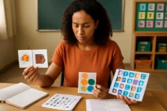 Professora alfabetizadora comparando jogos de rimas, segmentação oral e bingo de letras para intervenção em consciência fonológica