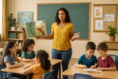 Professora alfabetizadora comparando leitura compartilhada, leitura guiada e dupla produtiva para alunos com baixa fluência
