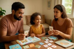Pais comparando livros bilíngues, flashcards e jogo da memória em inglês para escolher a melhor combinação para uma criança