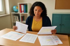 Professora e coordenadora pedagógica comparando matriz de habilidades, rubrica e checklist da BNCC no planejamento semanal