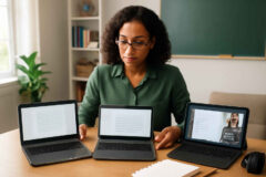 Professor comparando notebook, Chromebook e tablet com teclado para planejar aulas e trabalhar online