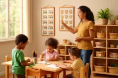 Professora da Educação Infantil avaliando painel de rotina, quadro de ajudantes e estações de autonomia na sala de aula