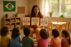 Professora da Educação Infantil organizando a turma entre roda de conversa, cantinhos e pequenos grupos em sala acolhedora