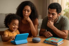 Família comparando tablet infantil, Alexa Kids e livros bilíngues para escolher a melhor opção de inglês em casa