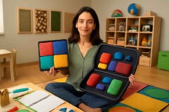 Psicopedagoga comparando tapete sensorial, parede tátil e kit portátil em ambiente inclusivo de atendimento ou escola