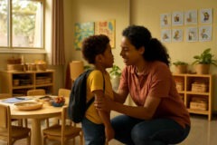 Professora acolhendo criança na chegada com rotina visual na Educação Infantil