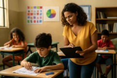 Professora analisando atividades dos alunos em sala de aula durante avaliação formativa