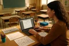 Professora adaptando atividades com ChatGPT e materiais de apoio pedagógico em sala de aula