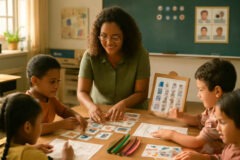 Professora organizando aula com apoios visuais e estratégias de DUA na prática em sala de aula