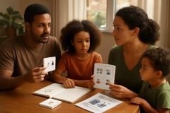 Família escolhendo entre flashcards, checklist visual e leitura compartilhada para apoiar o estudo da tabuada em casa