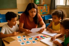 Professora analisando hipóteses de escrita na alfabetização com produções infantis e letras móveis