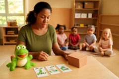 Professora da Educação Infantil comparando história com objetos, sequência de imagens e caixa surpresa para estimular linguagem oral e participação