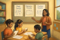 Professora alfabetizadora comparando leitura coral, leitura repetida e teatro do leitor para melhorar a fluência de leitura da turma.