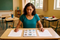 Professora analisando PEI, rotina visual e adaptação de avaliação para escolher o apoio pedagógico mais adequado em sala de aula.