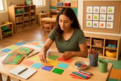 Professora organizando o planejamento na Educação Infantil com materiais de rotina, livros e registros pedagógicos